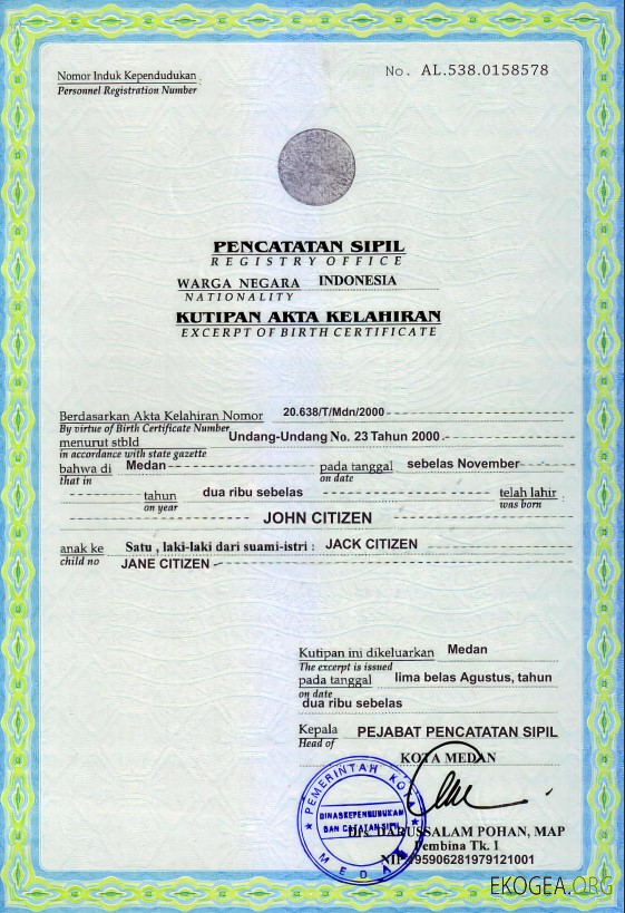 Modèle d'acte de naissance indonésien au format PSD,